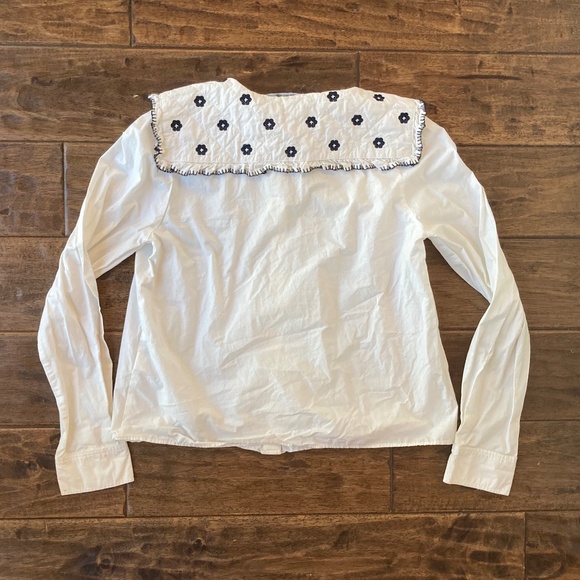Zara Poplin White Embroidered Blouse Size Small Peter Pan Collar 100% Cotton - Picture 3 of 8
